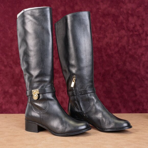 Michael Kors Women Riding Equestrian Black Leather Knee High Boots sz 7 - Picture 1 of 9